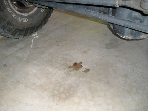 1993 Ford Bronco - A fluid leak is visible on the concrete floor beneath the undercarriage of a vehicle.