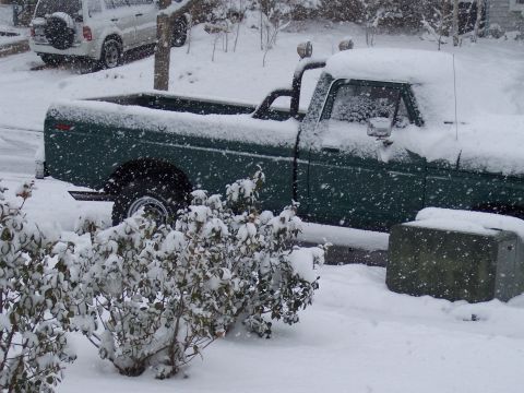 1972 Ford Ranchero - A green pickup truck sits covered in snow during a winter storm, with another vehicle visible in the background.