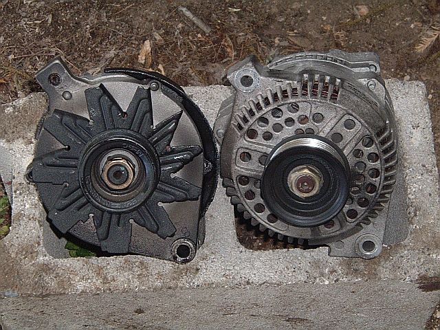 here's the difference between the two alts, the wimpy early model 89-93 v6 70 amp alt is on the left, the better later model 94+ v6 130 amp alt is on the right.