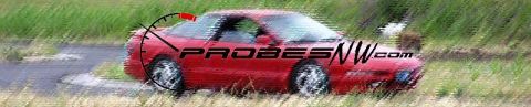 1994 Ford Probe - A red 1994 Ford Probe is visible with text overlay and a speedometer graphic.