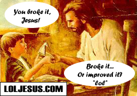 1993 Ford Bronco - A humorous depiction of Jesus and a boy discussing a broken toy, with text bubbles and a website address.