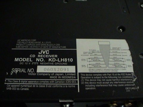 1997 Ford Probe - Label details for a JVC CD Receiver model KD-LH810, including serial number and wiring information.