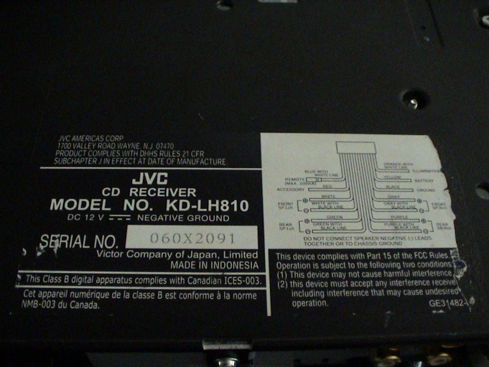 JVC CD Receiver KD-LH810 label with wiring diagram and FCC compliance text