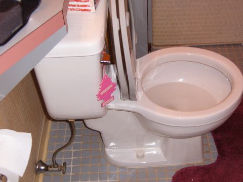 1993 Ford Bronco - A toilet with a pink tree air freshener hanging from its tank is shown in a bathroom setting.