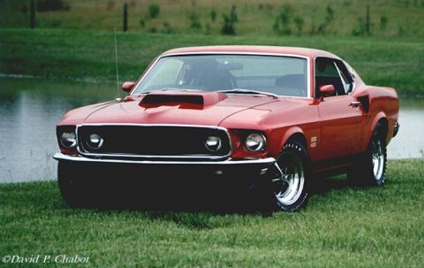 1987 Ford Bronco - This red 1969 Ford Mustang coupe features a distinctive hood scoop and sits on a grassy area beside a body of water.