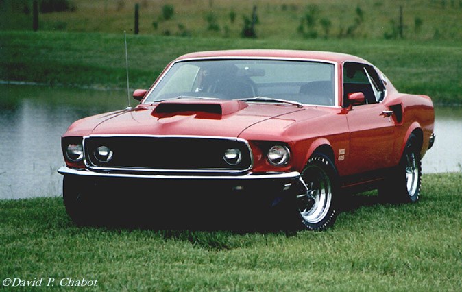 Red 1969 Ford Mustang coupe with a prominent hood scoop and chrome wheels parked on grass near water