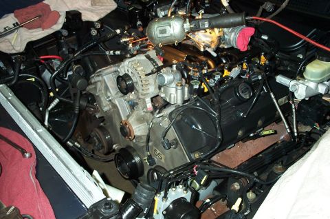 1998 Ford Crown Victoria - Close-up view of a V8 engine in an engine bay, showing various components and wiring.