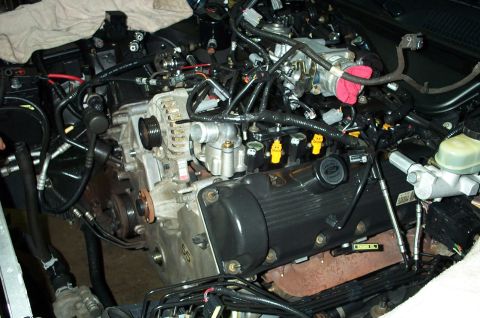 1998 Ford Crown Victoria - The engine of a 1998 Ford Crown Victoria is shown from the front-right, with various components visible.