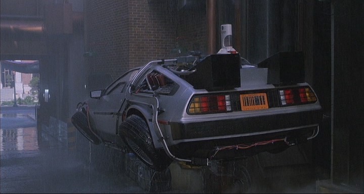 DeLorean with flux capacitor and time circuits, seen from rear