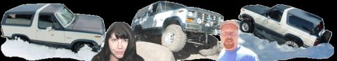 1986 Ford Bronco - Multiple Ford Broncos navigate snowy terrain, with two individuals present in the frame alongside the vehicles.