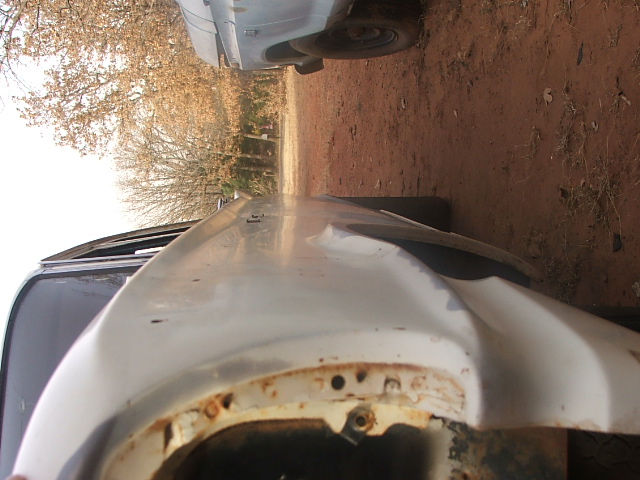 White car fender with rust around the wheel well, viewed from above