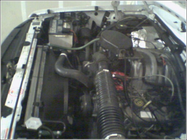 engine bay with radiator and battery visible