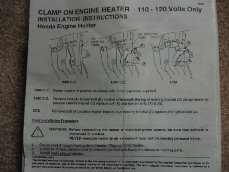 Honda clamp-on engine heater installation instruction sheet with CRX mounting diagram