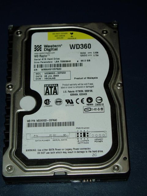 1989 Ford Bronco - A Western Digital WD360 Raptor hard drive is shown, with its specifications and date code visible on the label.
