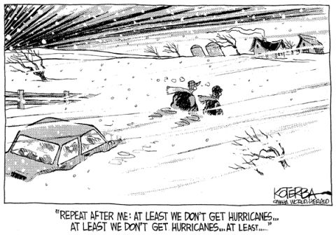 1993 Ford Bronco - Two people struggle through a blizzard, with one car stuck in the snow, as they repeat a phrase about not getting hurricanes.