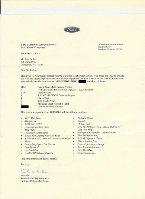 1985 Ford Bronco - Ford Customer Service Division letter detailing the specifications and options for a 1985 Ford Bronco.