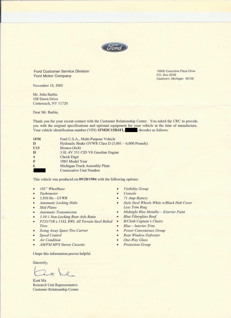 Ford letter decoding a 1985 Bronco VIN with original build specs and options