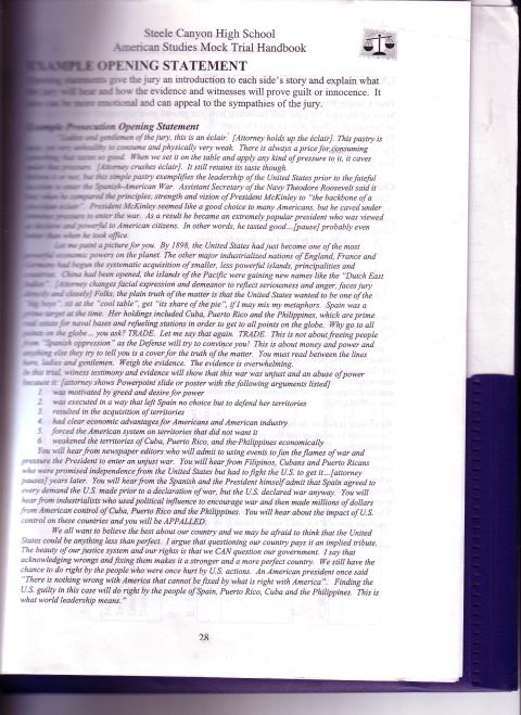 1978 Ford Bronco - A page from the Steele Canyon High School American Studies Mock Trial Handbook, an example opening statement.