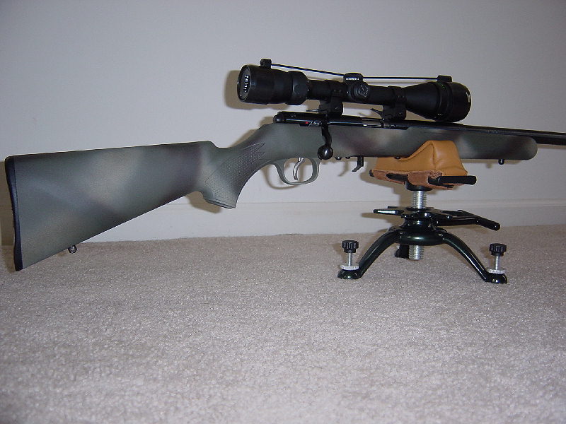 Scoped bolt-action rifle with green stock on a black shooting stand indoors