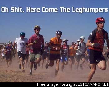 1994 Ford Probe - Runners are participating in a race, with the text 'Oh Shit, Here Come The Leghumpers' overlaid on the image.