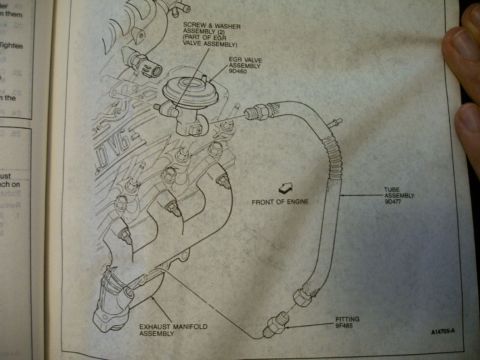 1992 Ford Probe - Exploded parts diagram of the EGR valve assembly, tube assembly and fitting mounted to a V6 exhaust manifold.