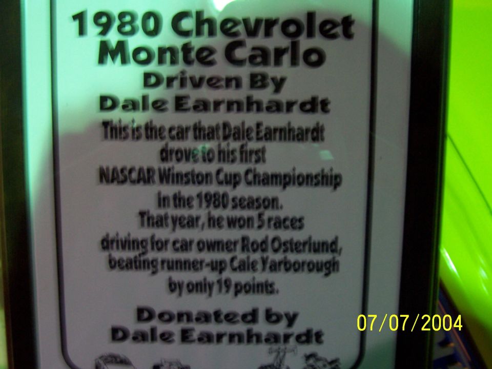 Document detailing a 1980 Chevrolet Monte Carlo driven by Dale Earnhardt