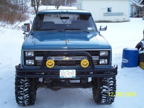 1979 Ford F-150 - A blue pickup truck is parked in the snow, equipped with a brush guard and yellow fog lights.