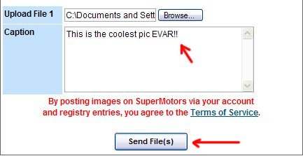 1996 Ford Probe - A screenshot of a web page for uploading files and adding captions, with red arrows pointing to elements.