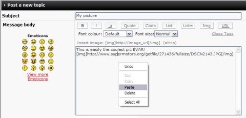 1996 Ford Probe - A screenshot of a website forum post interface, showing subject and message body fields with formatting options and emoticons.
