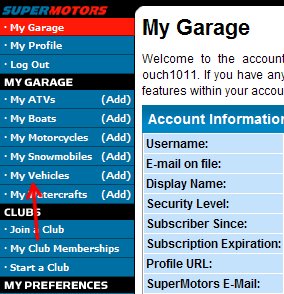 1996 Ford Probe - Screenshot of the SuperMotors website's navigation menu, showing the 'My Vehicles' option.
