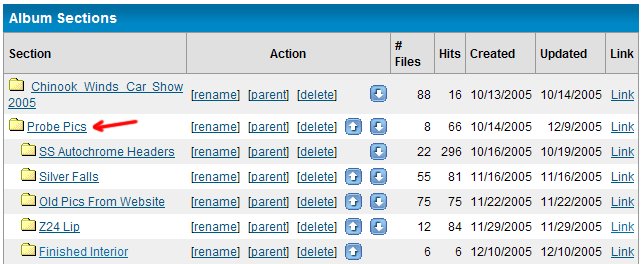 Screenshot of a web page listing album sections, with 'Probe Pics' highlighted
