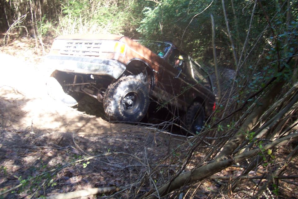 Brown off-road vehicle stuck in a muddy ditch with trees all around
