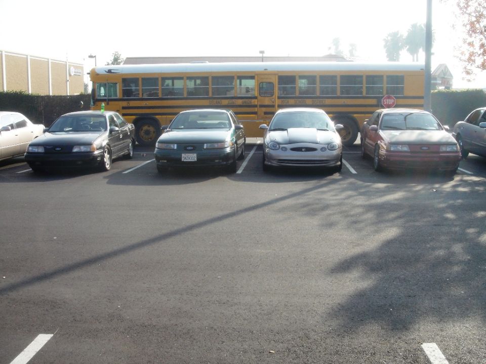 Four Ford Taurus sedans parked in a row in front of a yellow school bus
