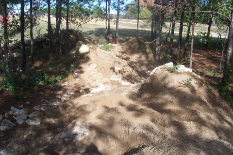 1987 Ford Bronco - A dirt track winds through trees, with mounds of dirt and rocks visible.