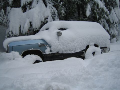 1990 Ford Bronco - A light blue pickup truck is almost completely submerged in deep snow, with only a portion of the hood and side visible.