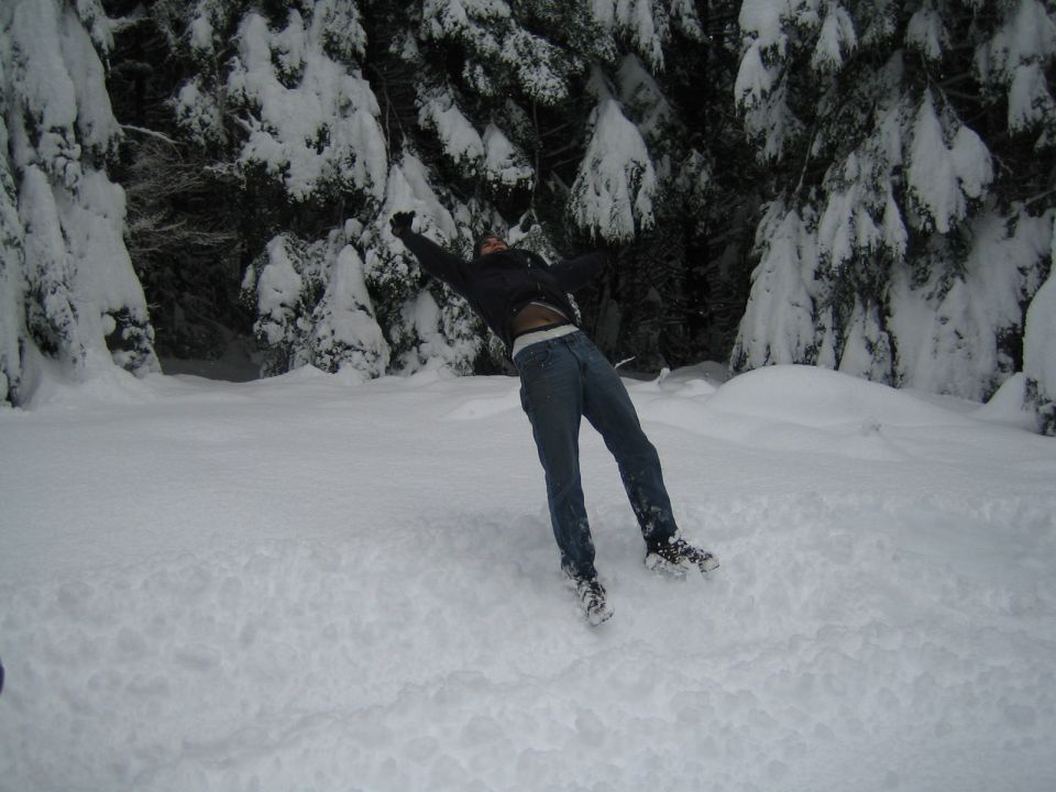 Person falling backward in deep snow with snow-covered trees in background