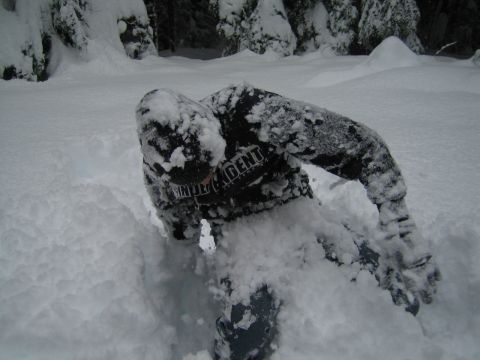1990 Ford Bronco - A person struggles through deep snow in a wooded area.