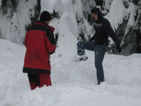 1990 Ford Bronco - Two individuals are engaged in an activity in a snow-covered forest, with one person in a red jacket and the other in a black hooded sweats…