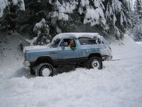 1990 Ford Bronco - A light blue SUV is stuck in a snowy area with trees in the background.