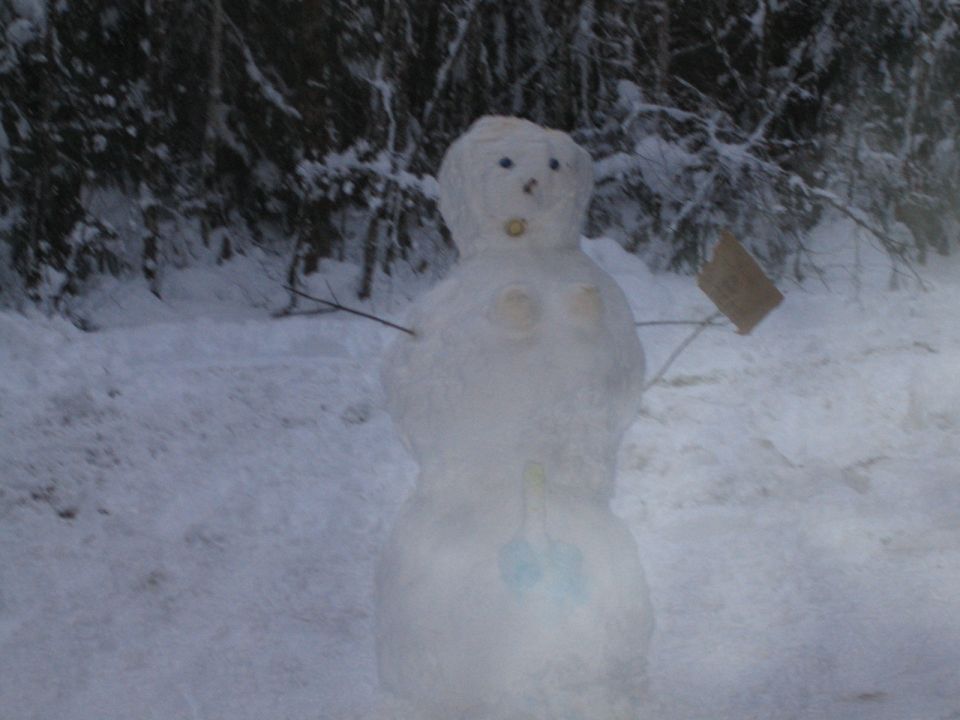 Snowman with stick arms and a brown sign