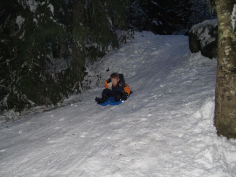 1990 Ford Bronco - A child enjoys a winter day sledding down a snow-covered slope.