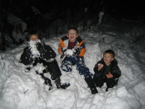 1990 Ford Bronco - Three boys enjoy a snowy day, throwing snowballs and playing in the winter landscape.