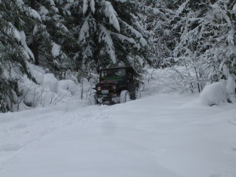 1990 Ford Bronco - A vehicle navigates a snowy path surrounded by snow-covered trees.