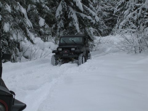 1990 Ford Bronco - A black Jeep Wrangler navigates a snowy path surrounded by snow-laden trees.