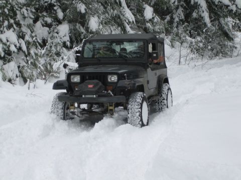 1990 Ford Bronco - Jeep Wrangler navigating a snowy trail with dense trees on either side.