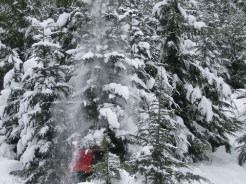 1990 Ford Bronco - A red vehicle is seen in a snowy forest, with snow falling heavily.