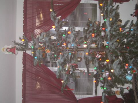 1990 Ford Bronco - A decorated Christmas tree stands indoors, adorned with lights and ornaments, partially covered by red fabric.