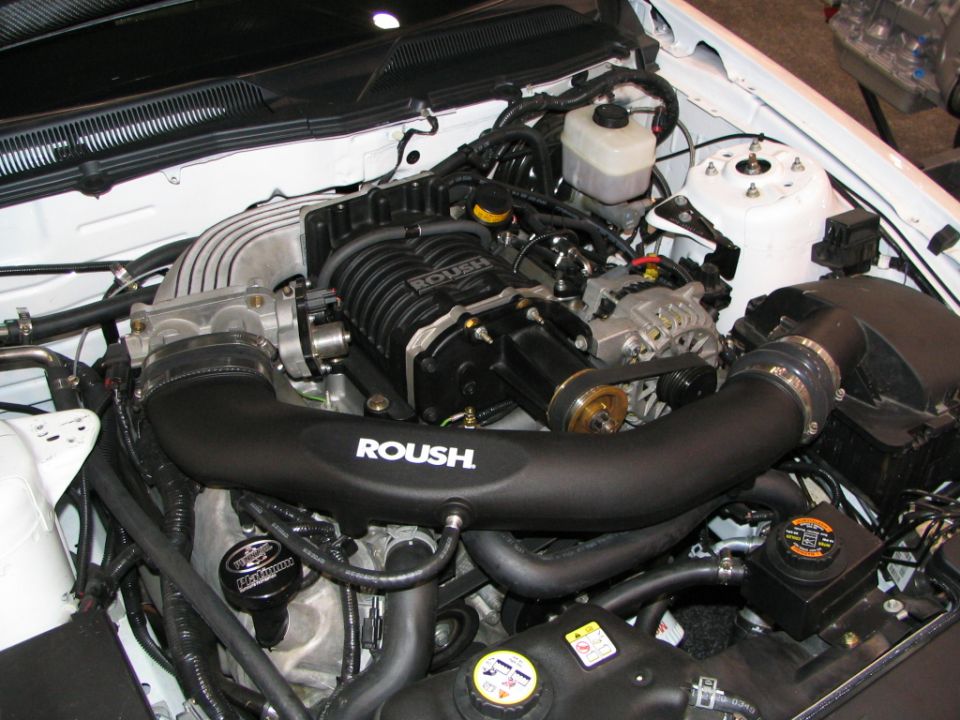 Engine bay with Roush supercharger and intake piping