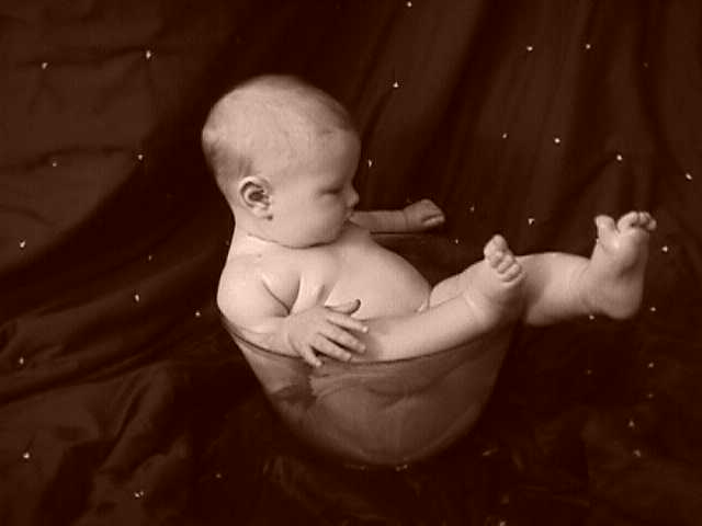 Baby sitting in a clear bowl against a dark brown backdrop with scattered white dots