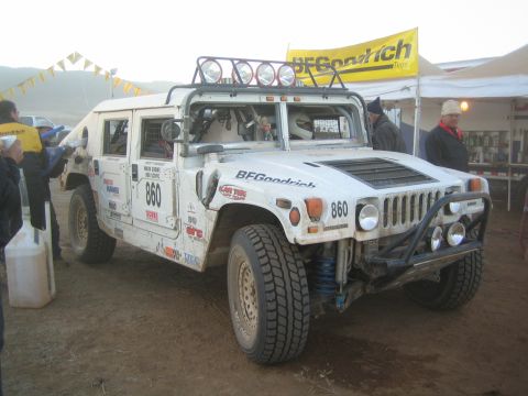 White Hummer race vehicle number 860 with BFGoodrich decals at pit